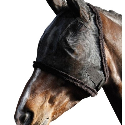 Máscara protetora preta para cavalo com tecido de malha e proteção para as orelhas