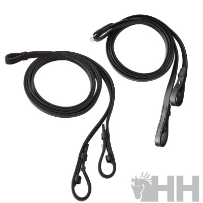 Rédeas pretas sintéticas com argolas metálicas e punhos ajustáveis