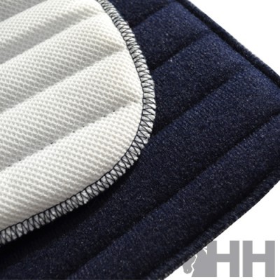 Close-up de tapete antiderrapante cinza claro e azul escuro com costura preta