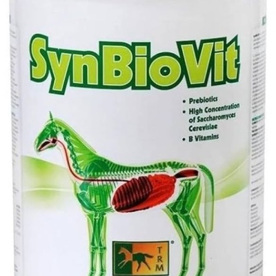Frasco branco de suplemento SynBioVit para cavalos com imagem do cavalo e texto em inglês