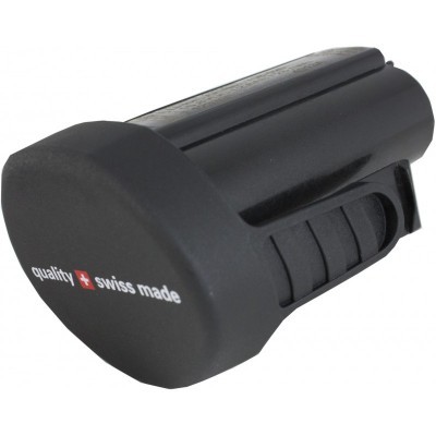 Bateria recarregável preta com texto 'quality swiss made'