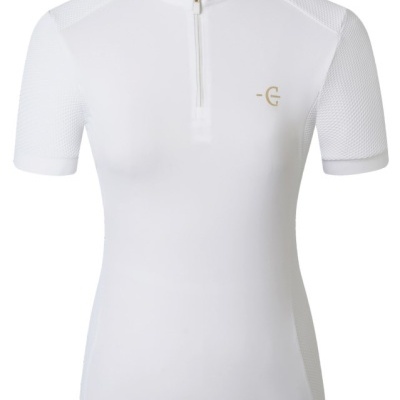 Camisola desportiva branca de manga curta com fecho e símbolo dourado