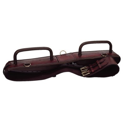 Estojo ou bolsa em couro castanho escuro e vermelho com alças e fivelas metálicas