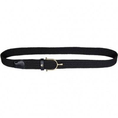 Cinto preto trançado com fivela dourada e detalhes em couro