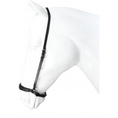 Cabeçada preta em pele num modelo de cabeça de cavalo branco