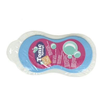 Esponja de limpeza azul e branca com embalagem plástica e rótulo colorido