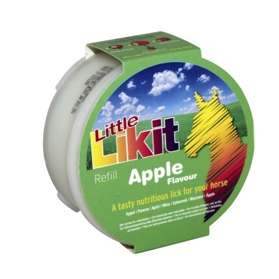 Recarregamento Little Lick Kit sabor maçã para cavalos, embalagem redonda verde com imagem de cavalo e céu