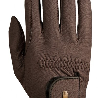 Luva castanha texturizada com fecho de velcro e ícone de mão dourado