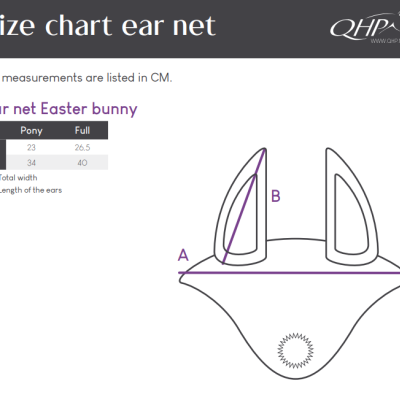 Gráfico de tamanho da rede de orelhas Ear net Easter bunny com medidas para pônei e tamanho completo.