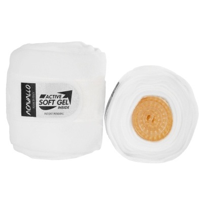 Dois rolos de bandagens brancas com etiqueta e gel amarelo visível