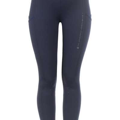 Leggings desportivas femininas azul escuro com bolsos laterais e texto impresso