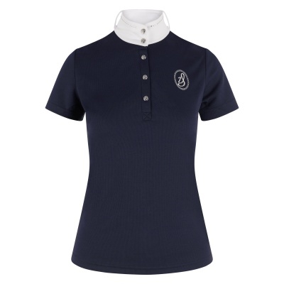 Camisola feminina azul escuro com gola branca e bordado 'B'