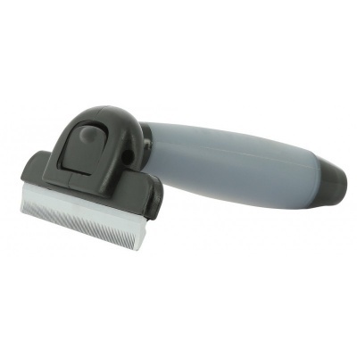 Aparelho cinzento e preto para remoção de pêlos com lâmina metálica dentada