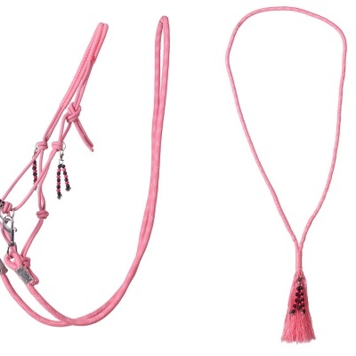 Cabresto rosa de corda com nós, contas pretas e rosa, e anilha metálica prateada