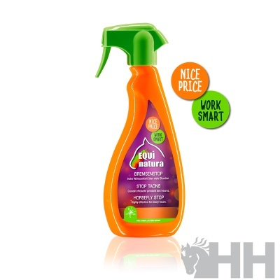 Produto spray anti-pragas Equinatura bremsentop em embalagem laranja e verde