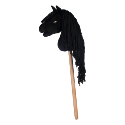 Brinquedo pau de cavalo com cabeça preta em tecido e crina de fios pretos