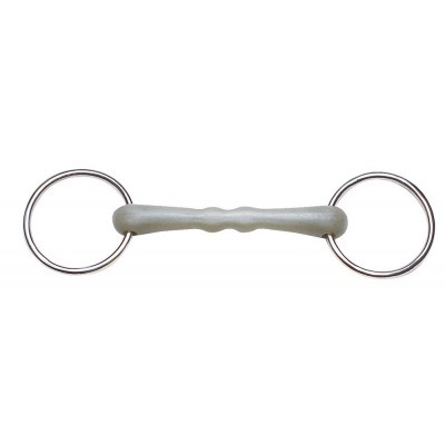 Bridão de cavalo com bocal cinzento e argolas metálicas prateadas