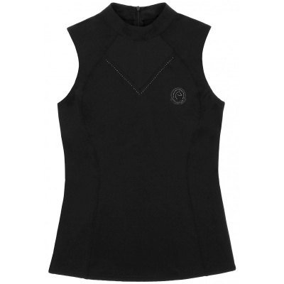 Camisola preta sem mangas com gola alta e logótipo redondo no peito