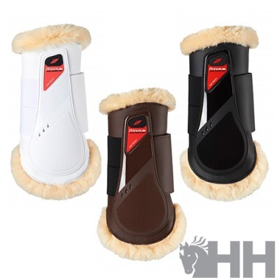 Proteções para equitação em três cores com pelo sintético nas bordas