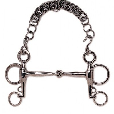 Freio metálico prateado com corrente e argolas para cavalo