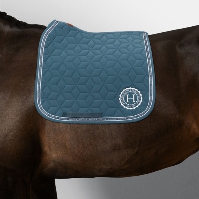 Manta de sela azul acolchoada com padrão geométrico num cavalo castanho escuro