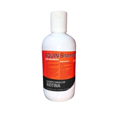 Frasco branco de shampoo para cavalos com rótulo laranja e preto
