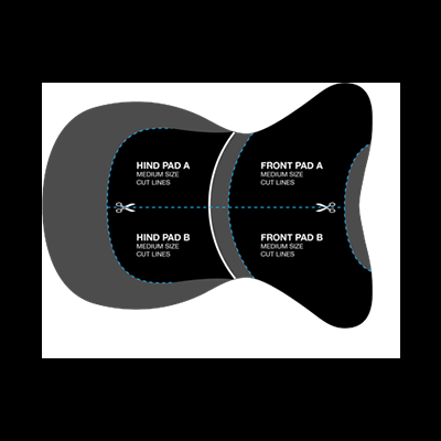 Molde de tecido cinzento escuro com áreas para recorte de almofadas e instruções de corte