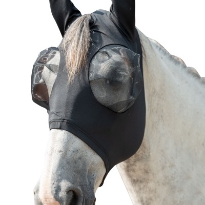 Máscara protetora preta para cavalo com orelhas e malha transparente