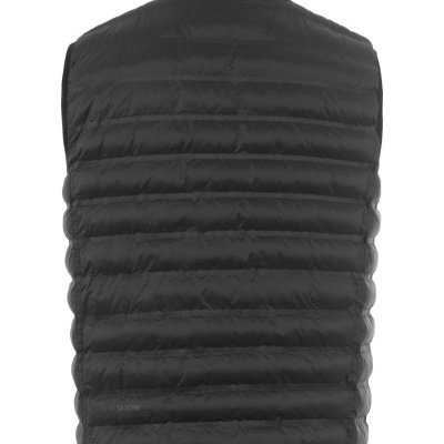 Colete acolchoado preto com costuras horizontais e capuz