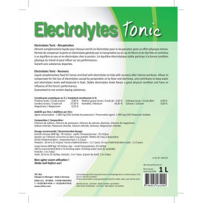 Embalagem de 1 litro de bebida Electrolytes Tonic com texto explicativo em francês