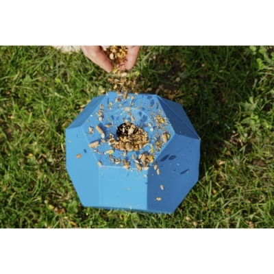 Dispositivo azul poligonal com sementes no centro sobre relva