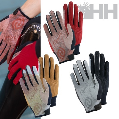 várias luvas de equitação coloridas com texto Roeckl e textura antiderrapante