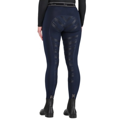 Calças leggings azuis com padrão antiderrapante e elástico preto na cintura