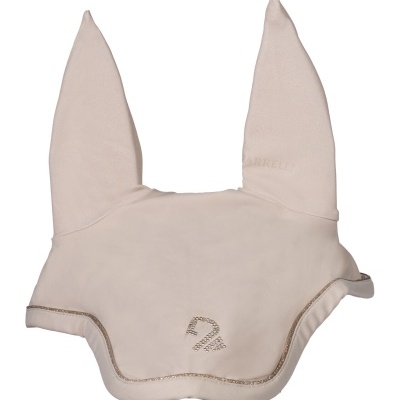 Capuz bege claro para cavalo com orelhas pontiagudas e detalhes brilhantes em forma de 2