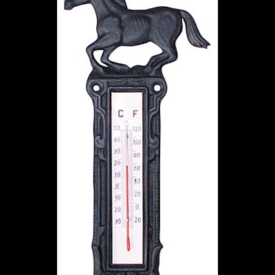 Termómetro decorativo preto em metal com figura de cavalo