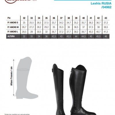 Botas de equitação pretas Lexhis com tabela de medidas