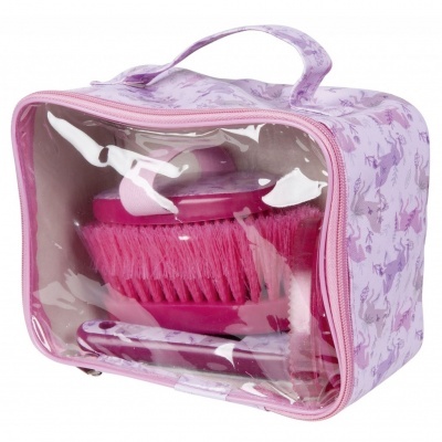 Bolsa lilás transparente com escovas cor-de-rosa