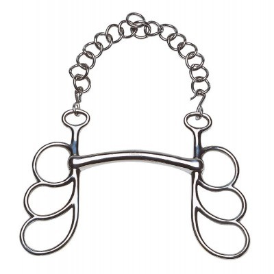 Ferro de montar para cavalo em metal prateado com boca lisa e corrente