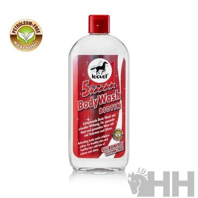 Frasco de Body Wash Biotin Leovet com rótulo vermelho e tampa vermelha