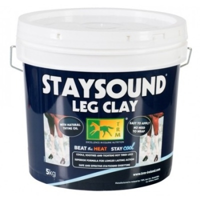 Baldes de 5kg de STAYSOUND LEG CLAY para cavalos, embalagem azul e branca
