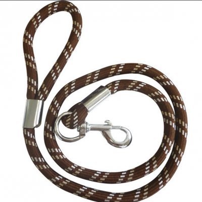 Trela para cães de corda castanha com riscas brancas e gancho metálico