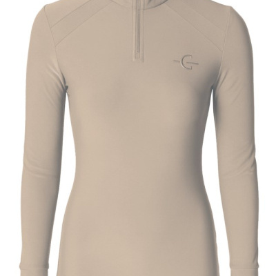 Camisola feminina bege claro de manga comprida com gola alta e fecho curto