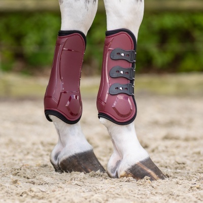 Botins de proteção bordô com fivelas pretas em patas de cavalo sobre areia