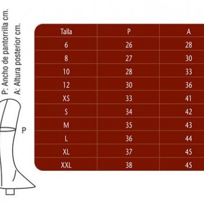 Tabela de medidas de meias ou ligas elásticas com tamanhos e dimensões em centímetros