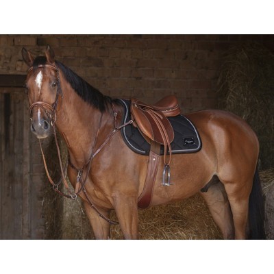 Cavalo castanho com sela de couro numa estrebaria