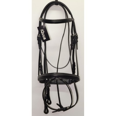 Bridão de equitação preto em couro com etiqueta 'ombi' branca