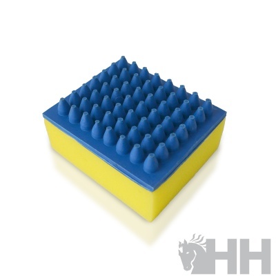 Esponja rectângular amarela com superfície azul texturizada com cones