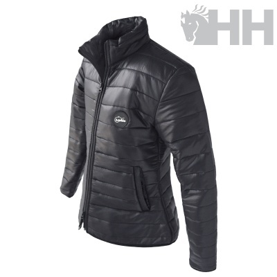 Casaco acolchoado preto com fecho de correr frontal e bolso e logo branco no peito