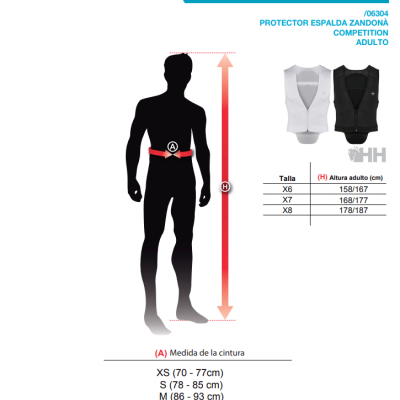 Protector de costas Zandona preto e branco com tabela de tamanhos e instruções de medição.