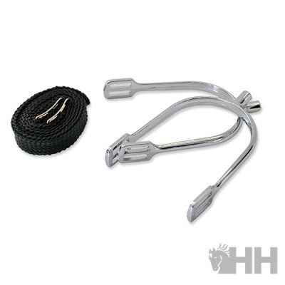 Conjunto com espora metálica cromada e corda preta trançada com presilhas